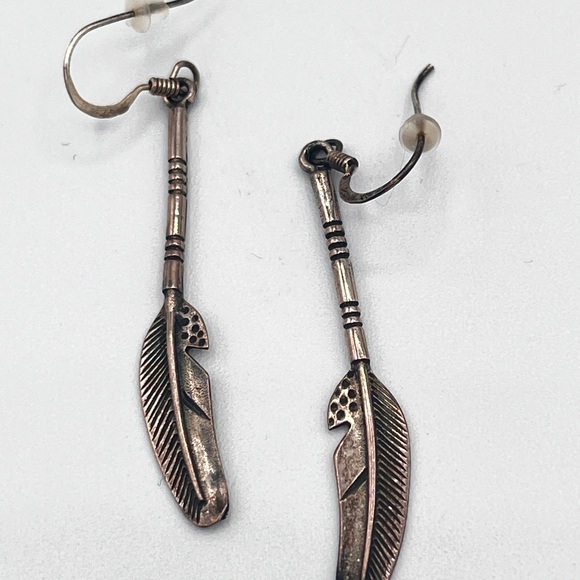 Vintage Native American Sterling Silver 925 Drop Dangle Feather Hook Earrings - Picture 3 of 6